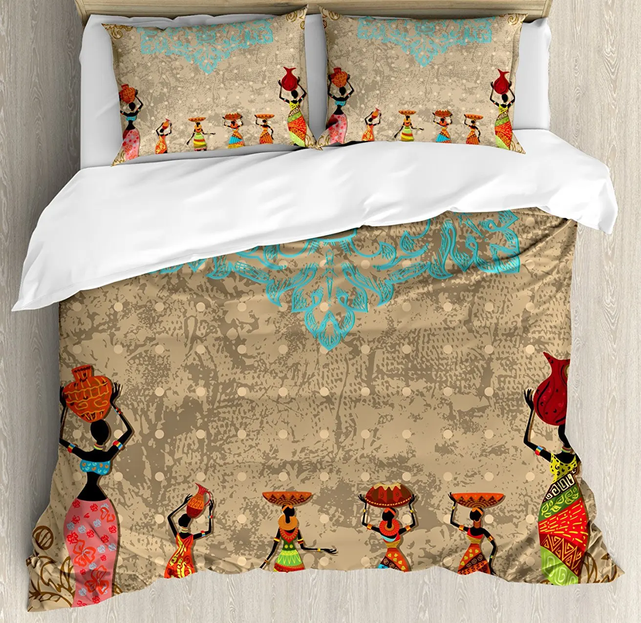 

Afro Decor Duvet Cover Set, Vintage Girls with Pots on the Head on Folkloric Boho Background Illustration, 4 Piece Bedding Set