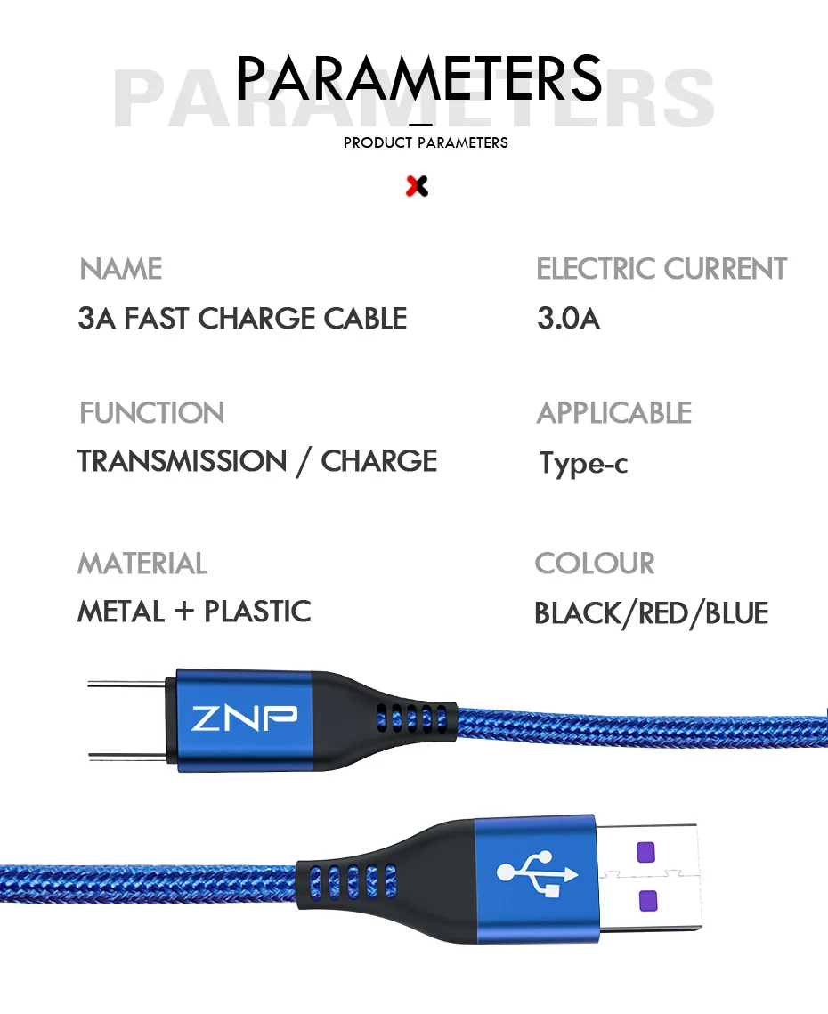 ZNP 3 А usb type-C кабель для Xiaomi Redmi Note 7 USB-C кабель для быстрой зарядки для мобильного телефона type-C для samsung Galaxy S9 S8 Plus S10