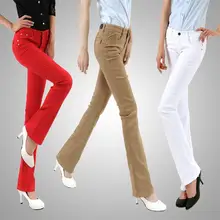 Весенние женские джинсы, эластичные, размера плюс, расклешенные брюки, повседневные штаны яркого цвета