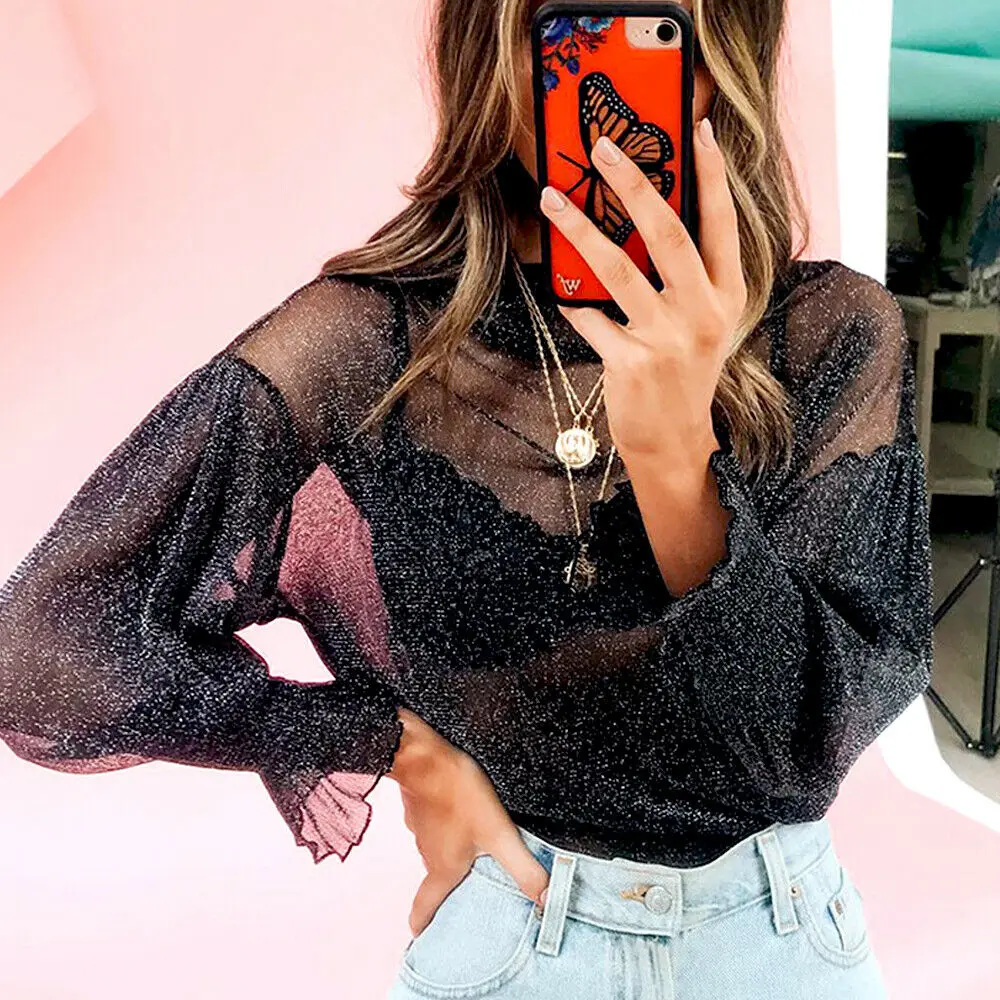 

New Chic Women See Through Lurex Blouses Ladies Elegant Sexy Mesh Long Sleeve High Street Autumn Blouse Shirt Tops Women 2019