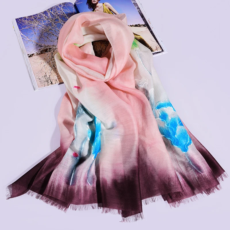 

Women Silk Wool Blending Scarf for Ladies Floral Embroidery Silk Scarves 2019 Brand Shawls and Wraps for Ladies Neckerchief