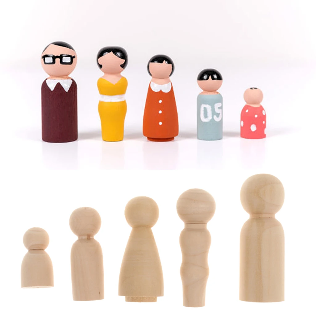 MagiDeal Family of 5pcs Wooden Dolls Accessory Set Wooden People Figures DIY Craft handmade peg dolls child's toy 