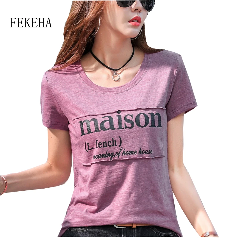 

Harajuku Summer T-Shirt Women Short Sleeve Slub Cotton Letter Print T Shirt Casual Female Tees Tops New Arrivals