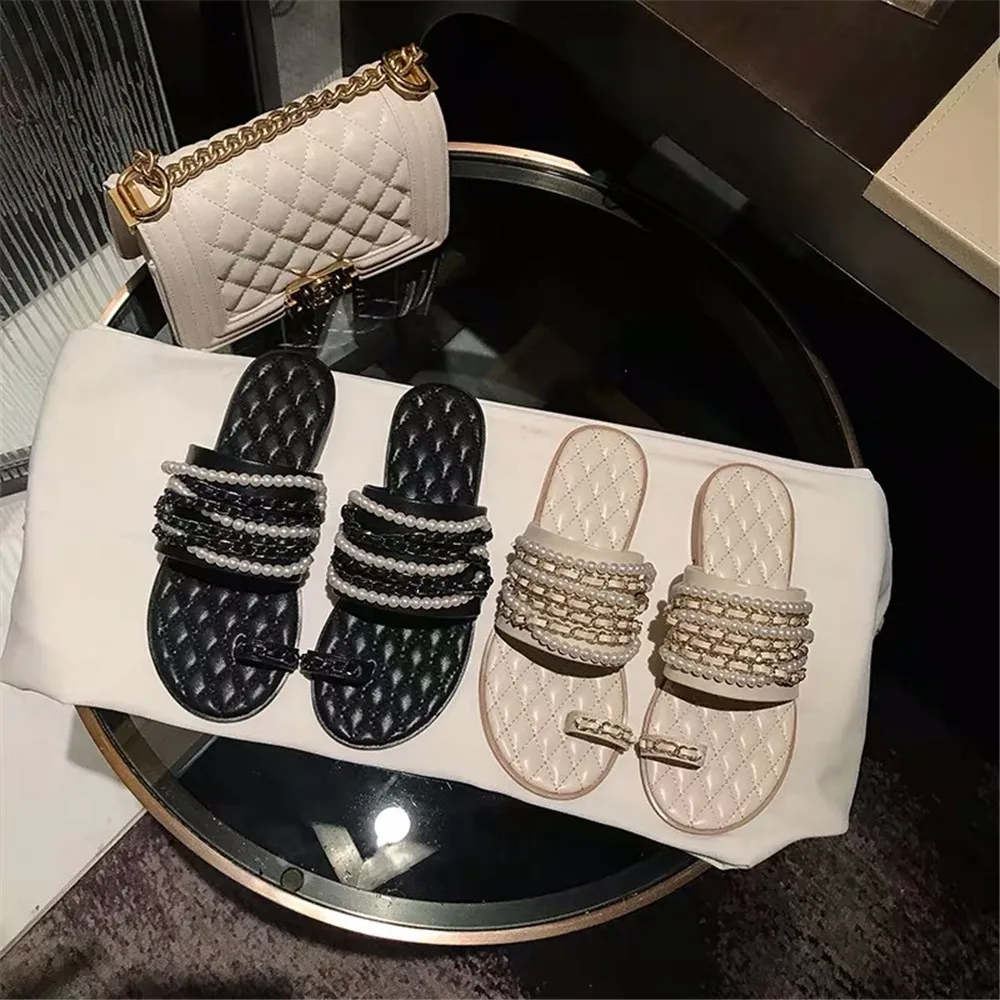 

Stkehidba Summer New Slippers For Women Flat Flip Flops Brand Pearls Metal Chain Open Toe Slide Slip On Soft Flat Shoes Slippers
