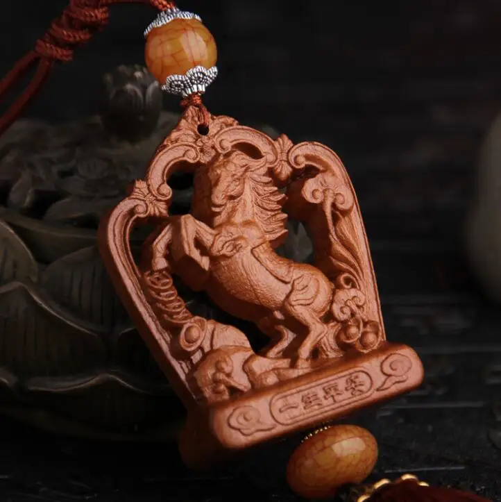 

Chinese Double-sided Peach Wood Carved Zodiac Aniaml Horse Safe And Good Luck Exquisite Car Pendant Statue Gift