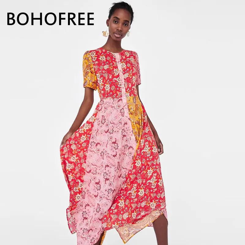 BOHOFREE винтажное этническое цветочное асимметричное платье Vestidos Femme Gypsy Chic с