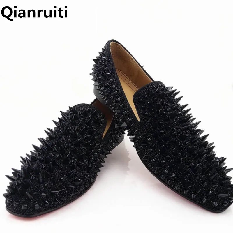 Qianruiti Handmade Mens Spike Shoes Black Sliver Gold Glitter Loafers