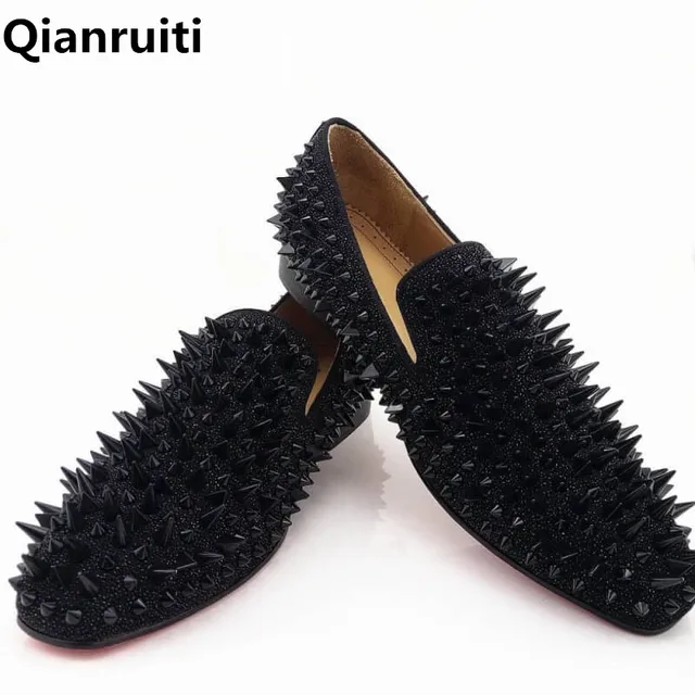 Qianruiti Handmade Mens Spike Shoes Black Sliver Gold Glitter Loafers