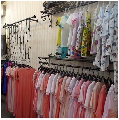 , wrought iron clothing rack clothing display shelf, women's clothing store rings dress hanger shelf on the wall hang a wall