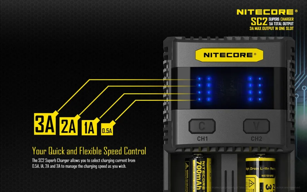 

Brand New Nitecore SC2 Superb 18650 Battery Charger 3A Fast Charge with USB Output for Vaping IMR Li-ion 26650 AA AAA Batteries