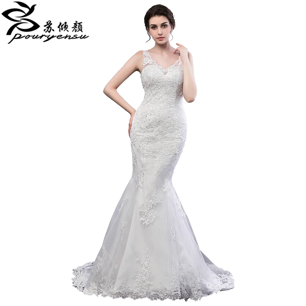 Real Pics Lace Apliques V Neck Mermaid Wedding Dress Robe De Mariage Princesa Com Renda Chapel Train Bride Gowns Custom Made | Свадьбы и