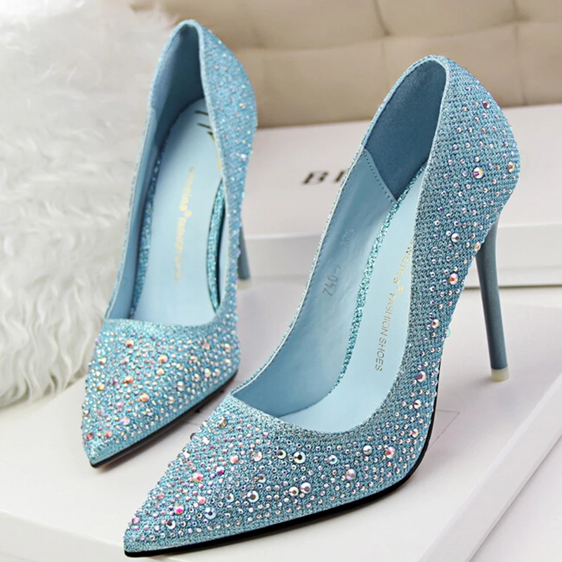 

Fashion sweet gentle elegant thin high hees shallow mouth pointed toe rhinestone diamond princess women wedding shoes pump