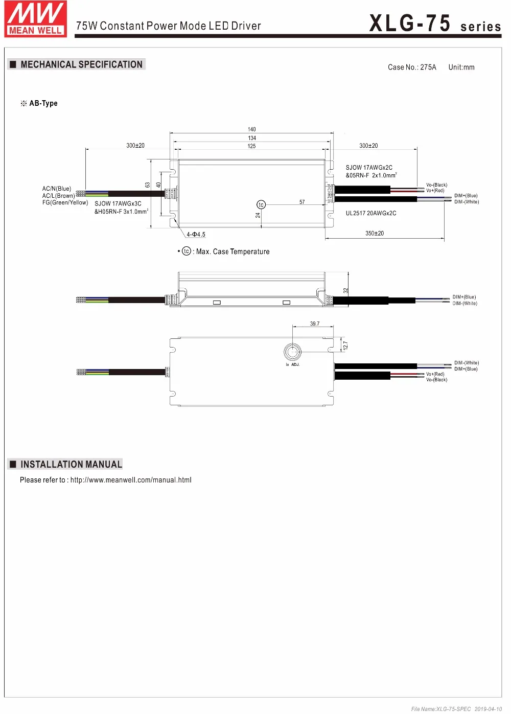 MEANWELL XLG-75-24-A 24 в 3,1 а 74,4 Вт Постоянный режим питания AC/DC Светодиодный драйвер Встроенный активный PFC Функция