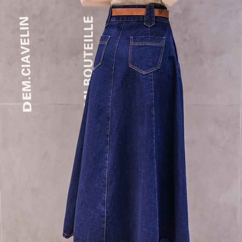 Мода Новые миди джинсовые юбки женские винтажные с высокой талией тонкие трапециевидные юбки уличная офисная юбка-клеш в складку