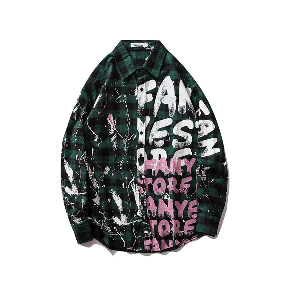 

New National Streetwear Original Design Letter Graffiti Printing Shirt Men Camisa Hombre Long Sleeve Couple Plaid Shirt