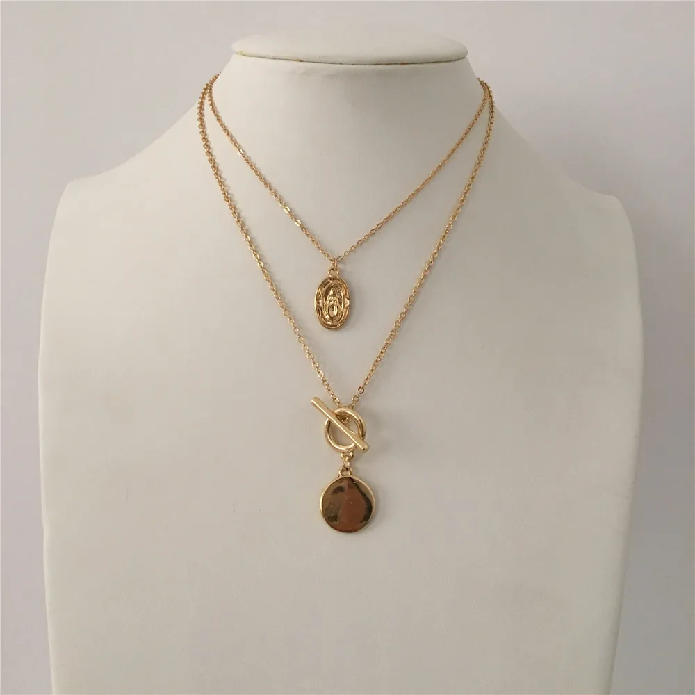

TRENDY GOLD COLOR PRAYER ROUND DISC PENDANT LAYERED NECKLACE FOR WOMEN