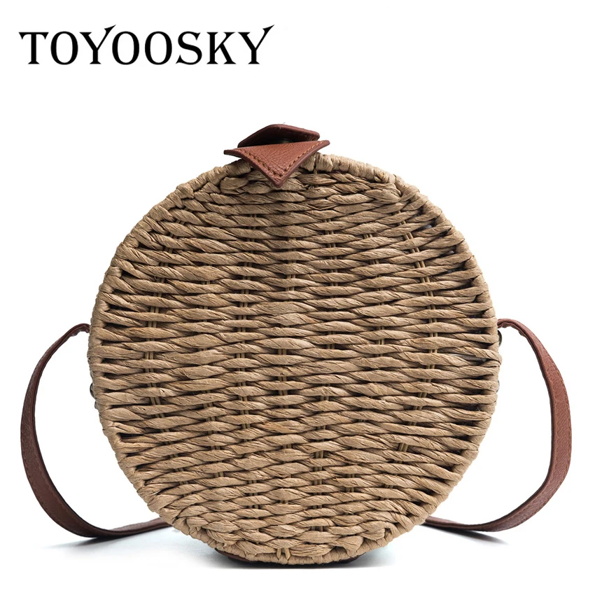 

TOYOOSKY Round Straw Bags for Women Beach Bali Rattan Handbag Small Circle Lady Vintage Crossbody Handmade Kintted Shoulder Bags