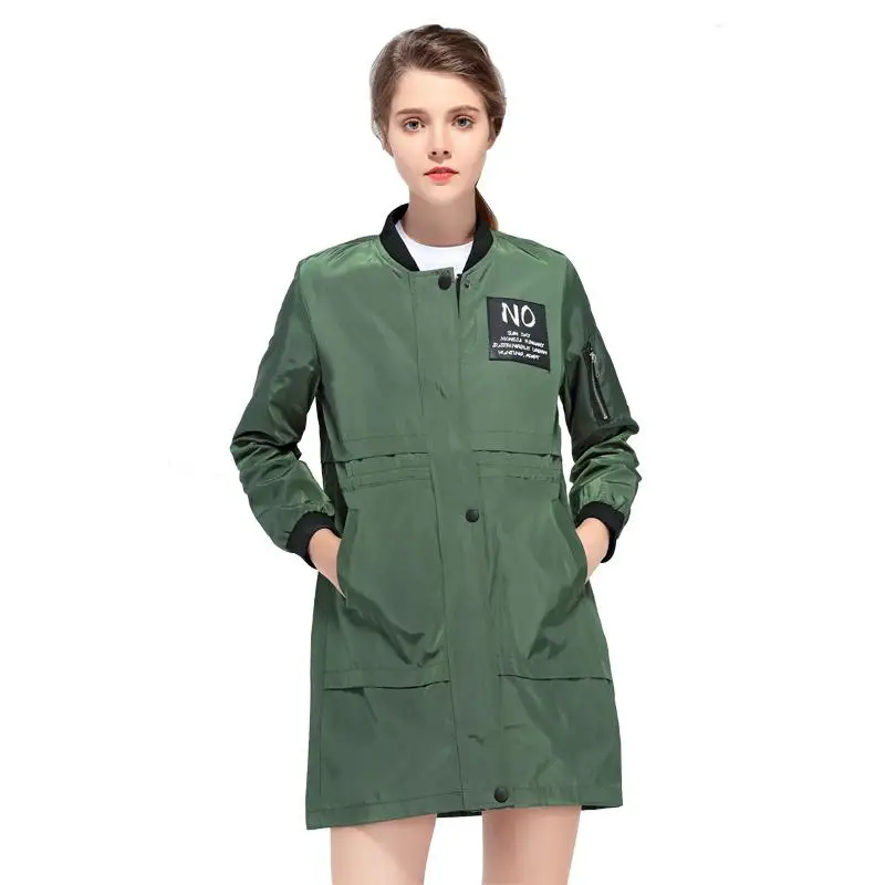 Fitaylor, весенне-осенняя ветровка, Женская куртка средней длины, тонкая, с буквенным принтом, бейсбольная, с круглым вырезом, с длинным рукавом, армейское зеленое пальто - Цвет: Green