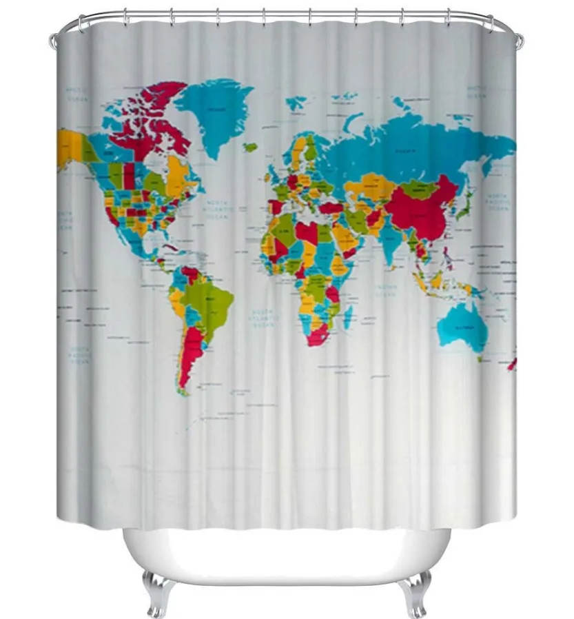 C58 German Shower Curtain World Map Pattern Shower Curtain Bathroom