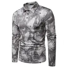 Футболка-поло Для мужчин футболки газета карта узор с длинным рукавом Для мужчин футболка-поло Топы Мужская одежда фиолетовый синий серый