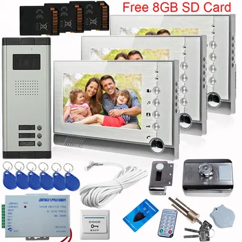 

SUNFLOWERVDP Intercoms With Video Recording 3 Video Intercom Free 8GB SD Memory Cards + Rfid Unlock Electronic Lock Videophone