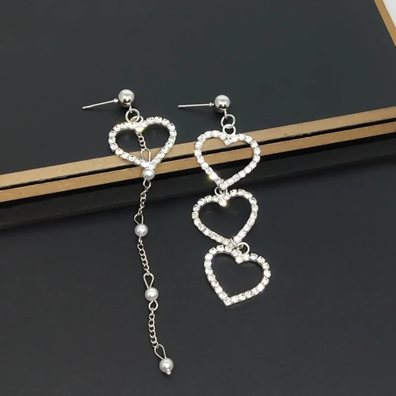 

Korean Asymmetric Heart-shaped Earrings Simple Wild Rhinestone Pearl Chain Earrings Party Jewelry Gift Long Earrings Brincos