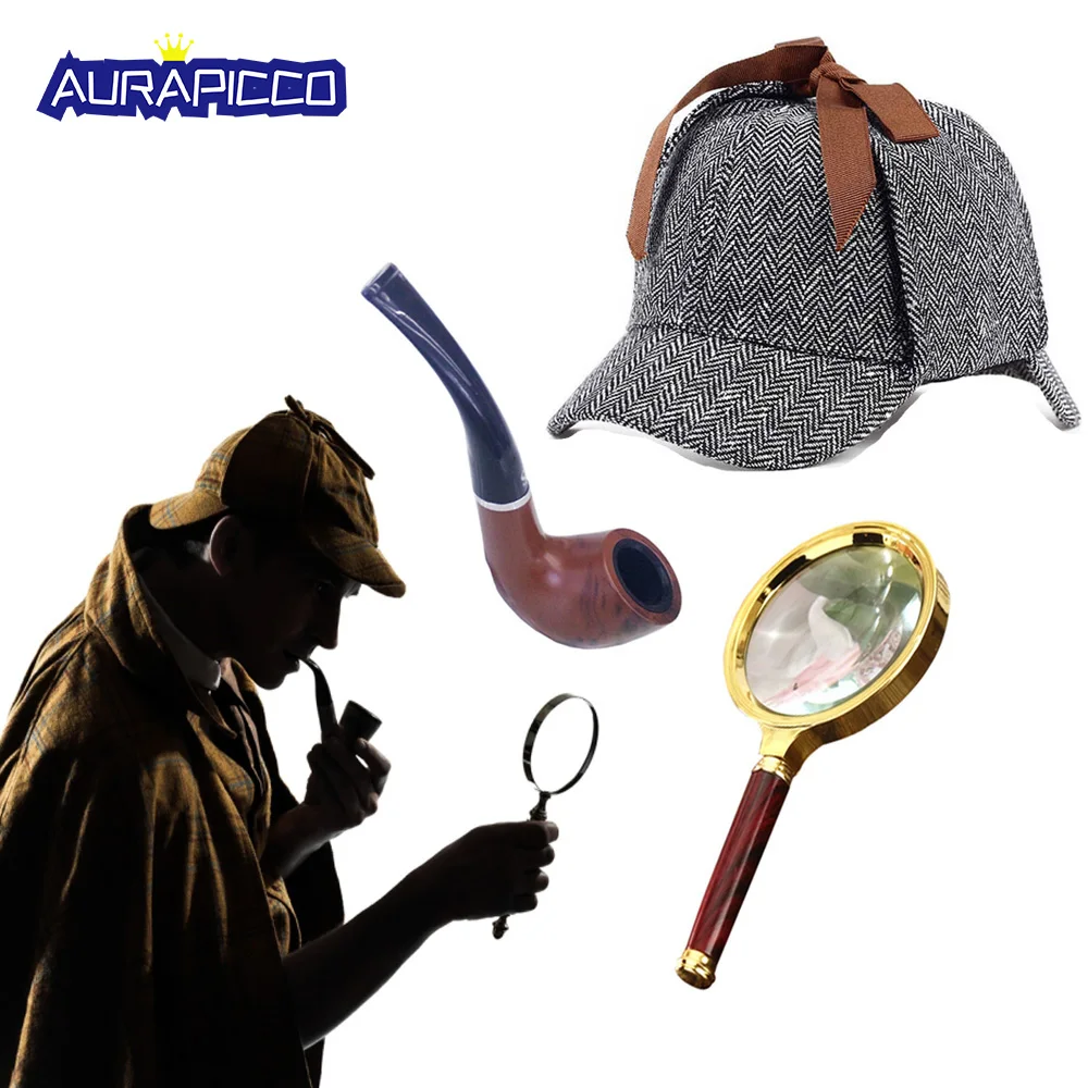 

Sherlock Holmes Costume Sherlock Detective 3-piece Set Accessories Hat Deerstalker Pipe Magnifier Glass Victorian Halloween Prop