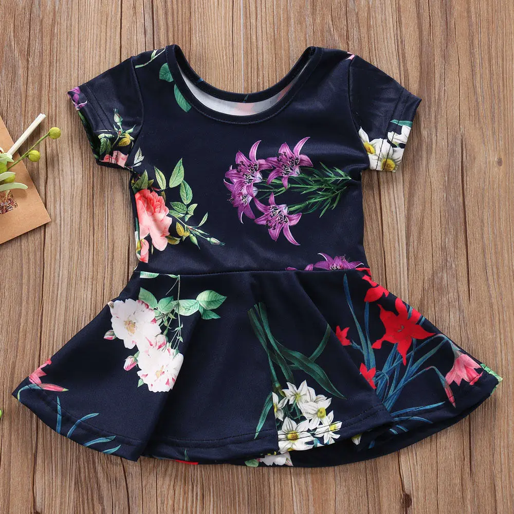 Summer Toddler KIds Girls Princess Dress Black Floral Short Sleeve