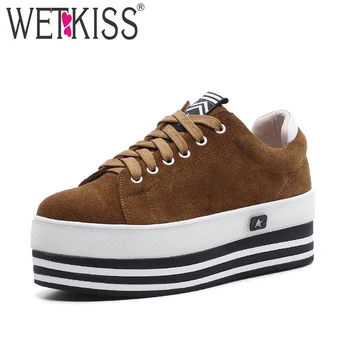 

WETKISS 2018 New Cow Suede Women Flats Round Toe Wedges Shoelace Footwear Spring Fashion Casual Ladies Platform Sneakers Shoes