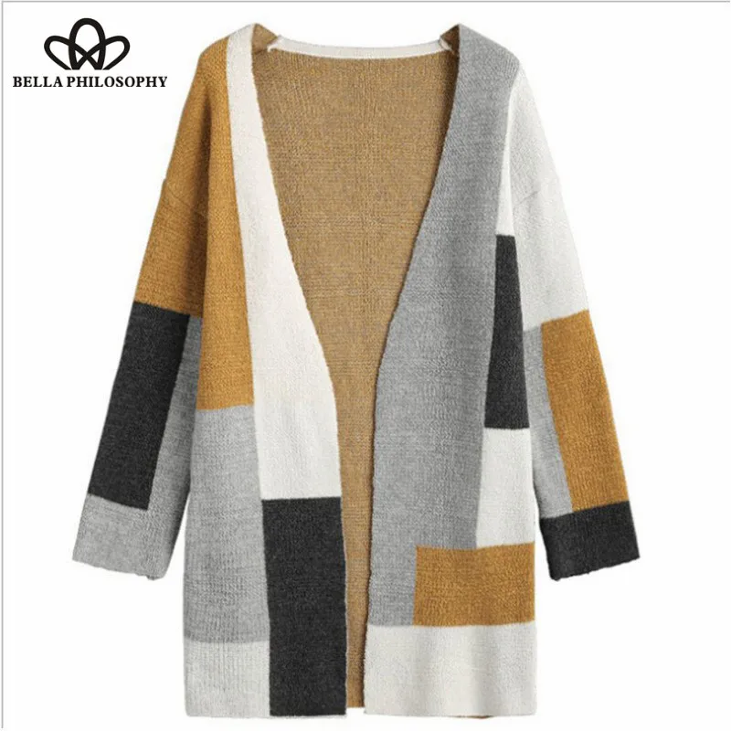 Wonder 2018 New Autumn Geometric Colorblock Cardigan Coat Winter Long Sweater Coat Vintage Long Sleeve Knitted Female Outwear