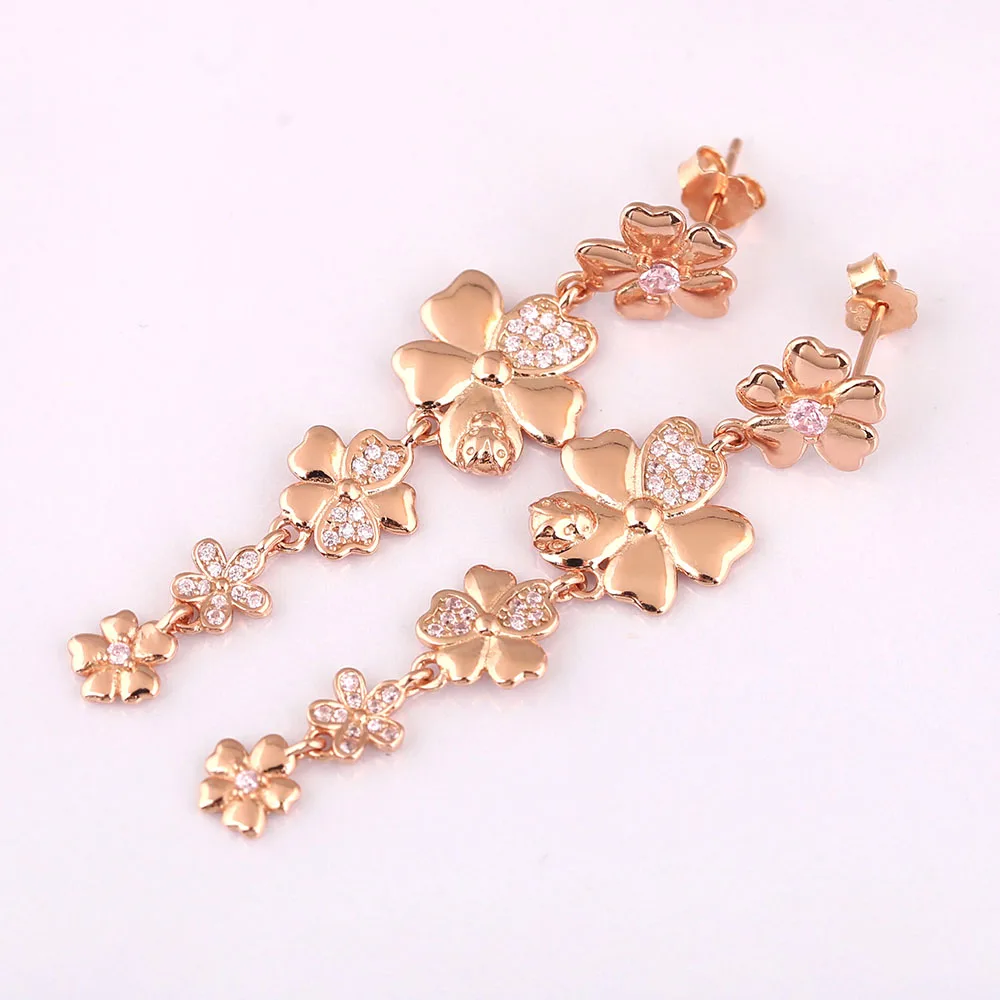 

925 Sterling Silver charm Wildflower Meadow Drop Earrings Rose & Blush Pink Crystal Fit European Jewelry