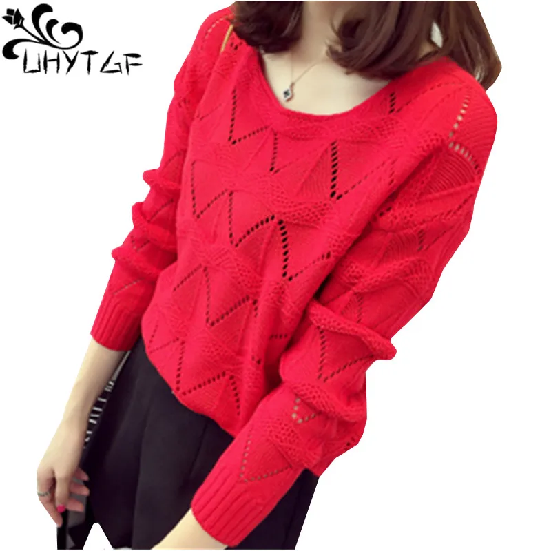 

UHYTGF New Sweter mujer Woman Sweater knitting pullovers Autumn Fashion Hollow Wave Sweater Ladies Thin Long sleeve Top Coat 558