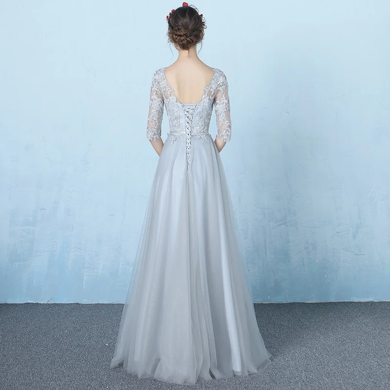 Robe De Soiree Light Grey Evening Dresses Long 2019 Tulle With Lace Half Sleeves Party Formal Prom Dress Abendkleider Abiye