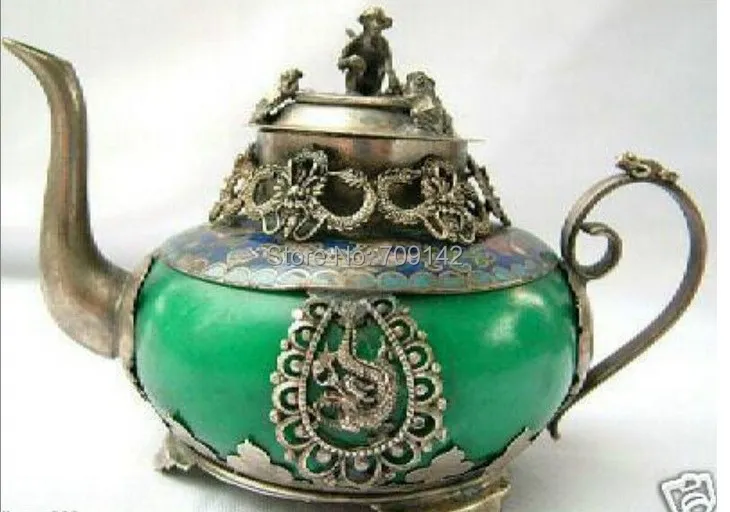 Decorazione Artigianato Arte Vecchio Tibet Argento Giada Teiera Dipinta A Mano Tibet Argento Teiera Tibet Miao Antico Argento Antico