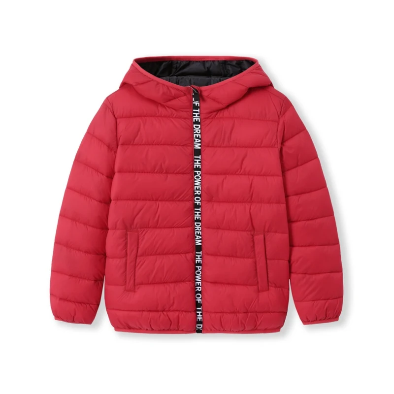 Balabala/стеганая легкая дутая куртка с контрастным капюшоном для мальчиков-подростков; стеганая куртка с капюшоном на молнии с косыми карманами - Цвет: China Red