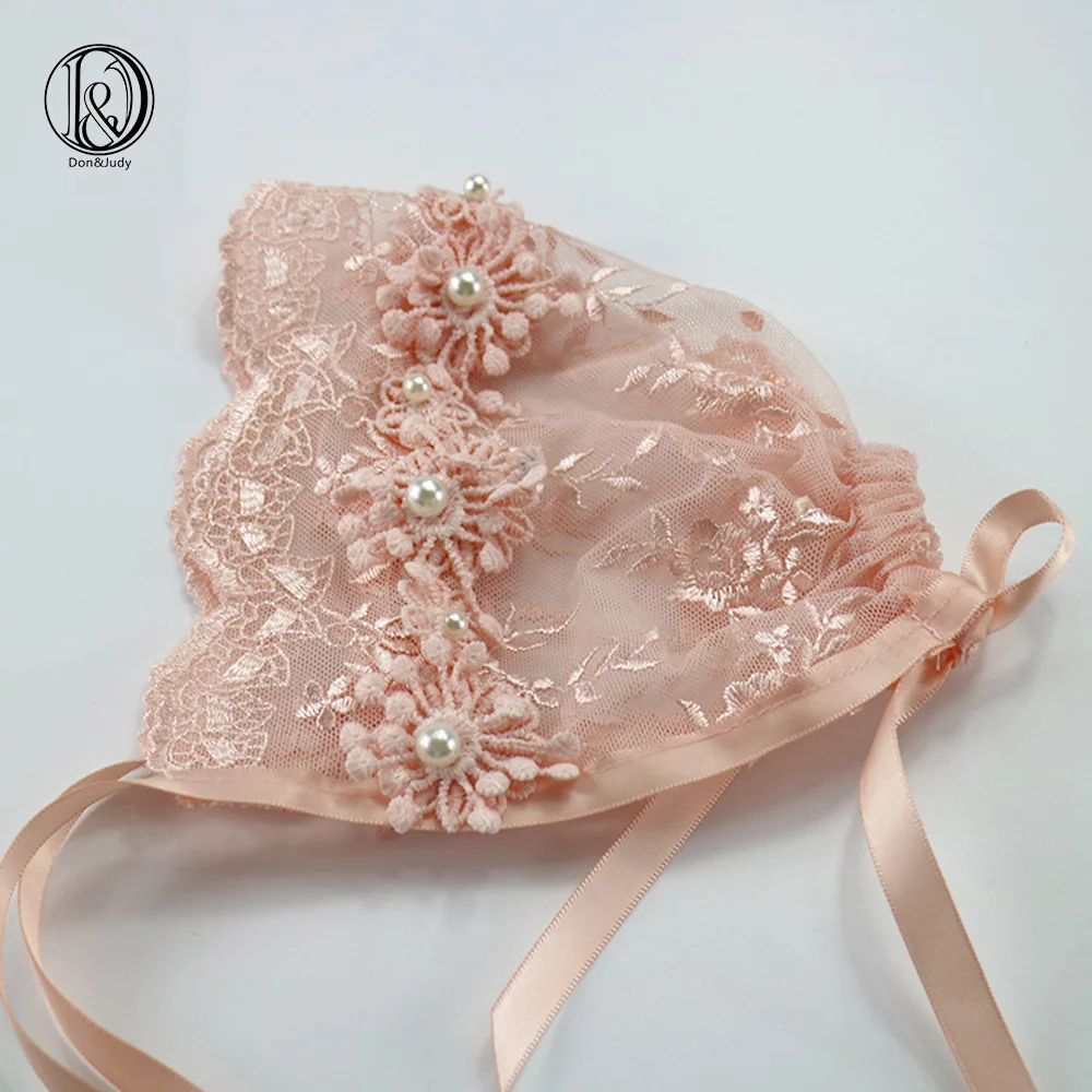 

Handmade Baby Girl Lace Bonnet with Pearl Blossom Vintage Style Hat Baby Photography Props Baby Shower Gift