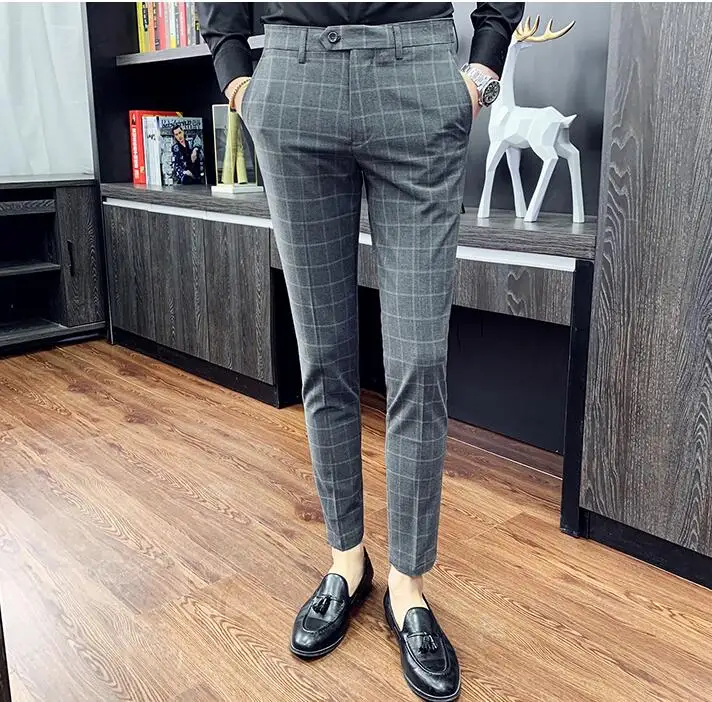 Высокое качество серый плед для мужчин Досуг Slim Fit костюм брюки бизнес формальные мужские брюки удобные модные костюмы брюки для мужчин - Цвет: same as photo