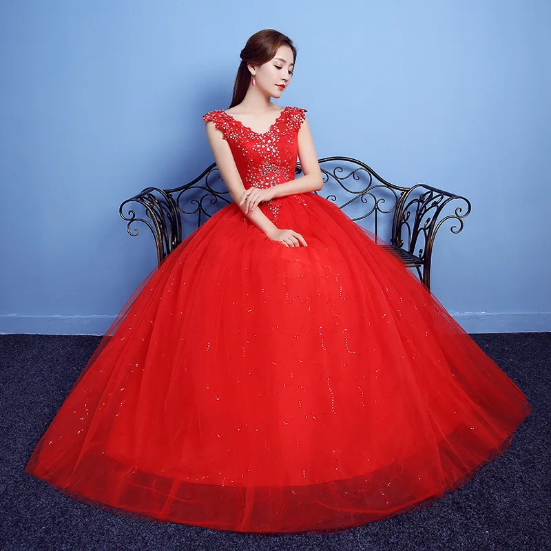 Vestido De Noiva v-образным вырезом Бисероплетение спинки пикантное свадебное платье Тюль Кристалл бальное платье невесты платье элегантные свадебные платья - Цвет: red