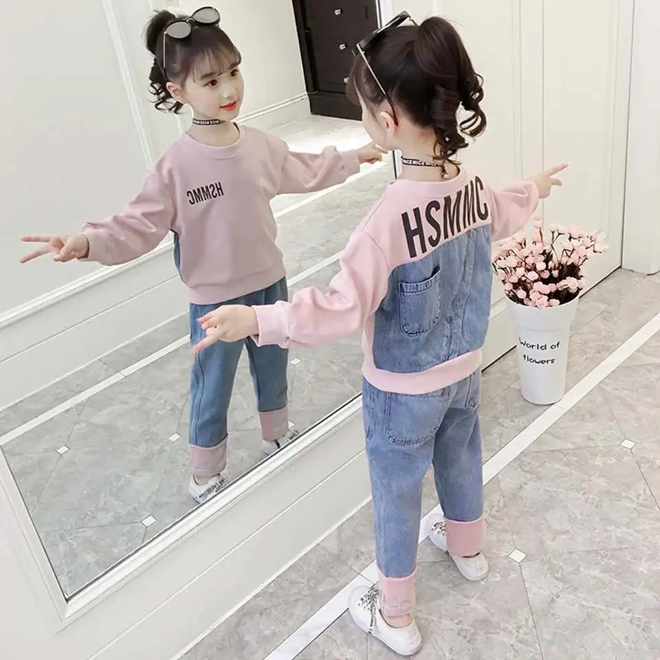 Детская одежда комплект одежды для больших девочек 6, 7, 8, 9, 10, 11, 12 лет, комплекты одежды с длинными рукавами для девочек, детский джинсовый костюм со штанами осень - Цвет: Розовый
