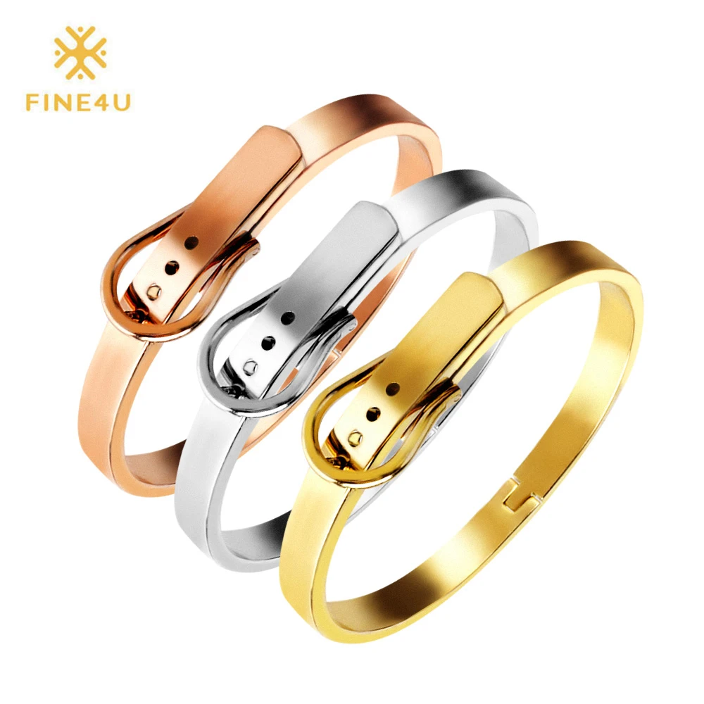

2018 New FINE4U B062 Belt Buckle Bangle For Men Women 316L Stainless Steel Bracelets & Bangles 3 Colors Choices Jewelry Gifts