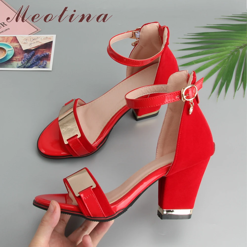 Meotina/женские босоножки на высоком каблуке вечерние туфли на высоком каблуке-шпильке на Молнии Элегантные босоножки с ремешком на щиколотке женские летние красные туфли, большие размеры 33-43