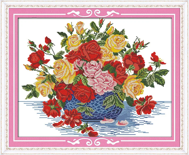 New roes in blue vase flower cross stitch kits dmc 14ct white 11ct