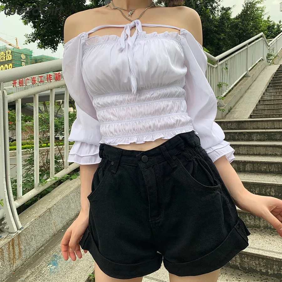 

Weirdgirl women T-shirts elegant fashion female T-shirt square neck long sleeve solid color lady Tshirt summer basic tees new
