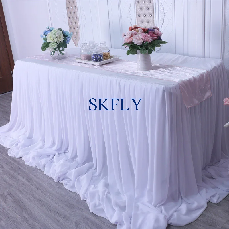 

CL071B nice 2019 custom made many colors wedding long drape chiffon pleated white table skirt with velcro