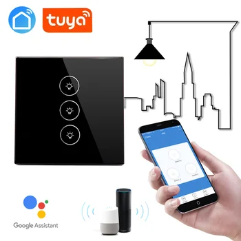 

Smart life TuYa app control WiFi switch 220V,EU Standard 3 Gang Glass Panel compatible Alexa,google Voice