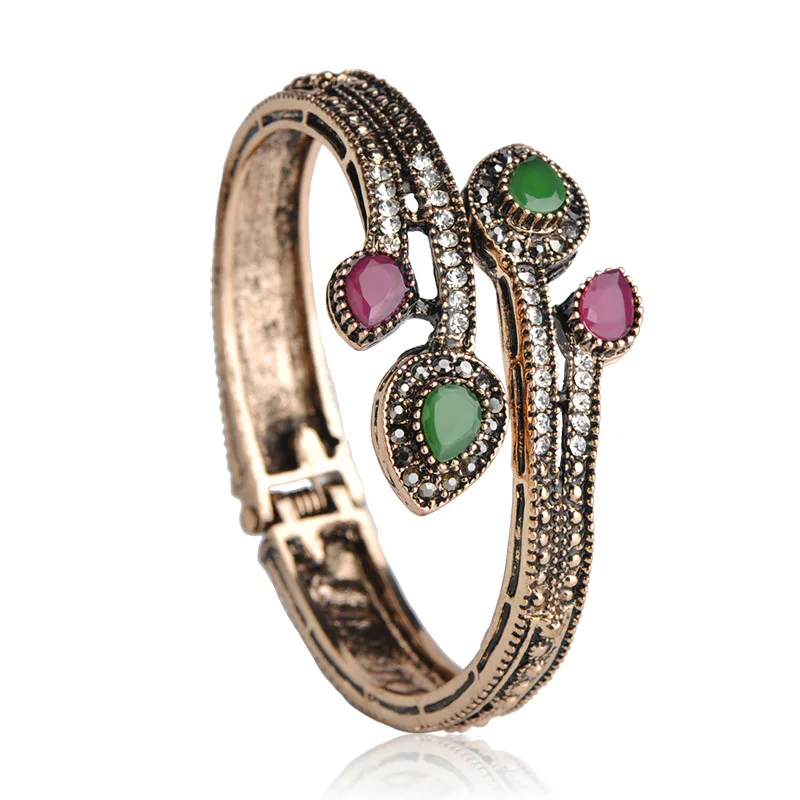 

Turkish Vintage Women Bangle Hand Jewelry Resin Acrylic Crystal Bracelet Antique Gold-color Fine Pulseira Feminina Femme Bijoux