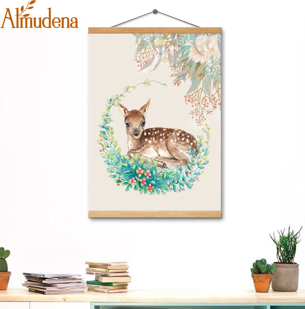 

ALMUDENA Nordic Canvas Prints Scroll Painting Sika Deer Cartoon Picture Framed Wall Art Poster for Children's Room Decoration