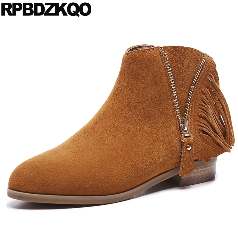 

Booties Round Toe Flat Fringe Genuine Leather Brand Women Winter Boots European Suede British Orange Fashion Autumn Shoes Fall