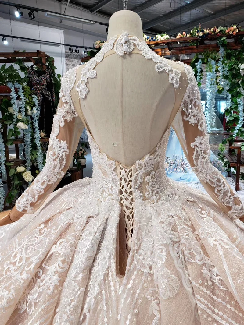 HTL433 long sleeves lace wedding dresses with train v-neck open back puffy ruffle wedding gowns heavy handwork robe de mariee (5)