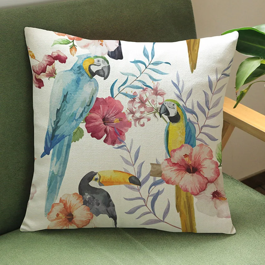 Tropical Plant Leaves Flowers Flamingo Bird Parrot Home Decoration Couch Cushion Office Chair Back Pillow for Sofa Linen Cotton 4
